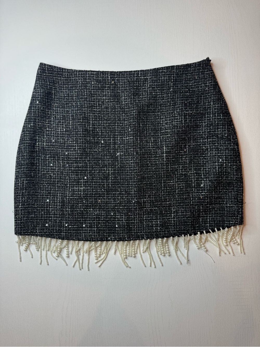 Lush Tweed Mini Skirt with Pearl Beaded Fringe NWT Size Large